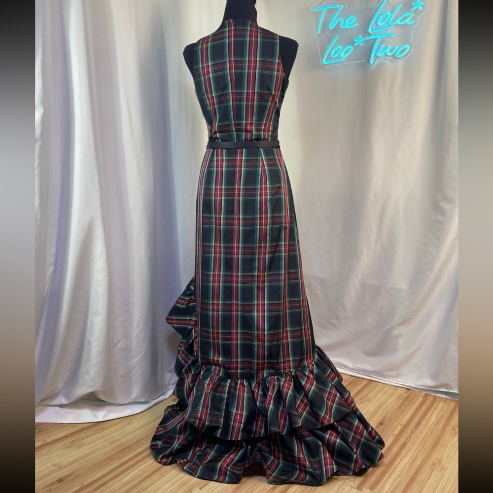 NWT Boston Proper Tartan Plaid Sleeveless High Neck Taffeta Ruffle Gown - Picture 4 of 12